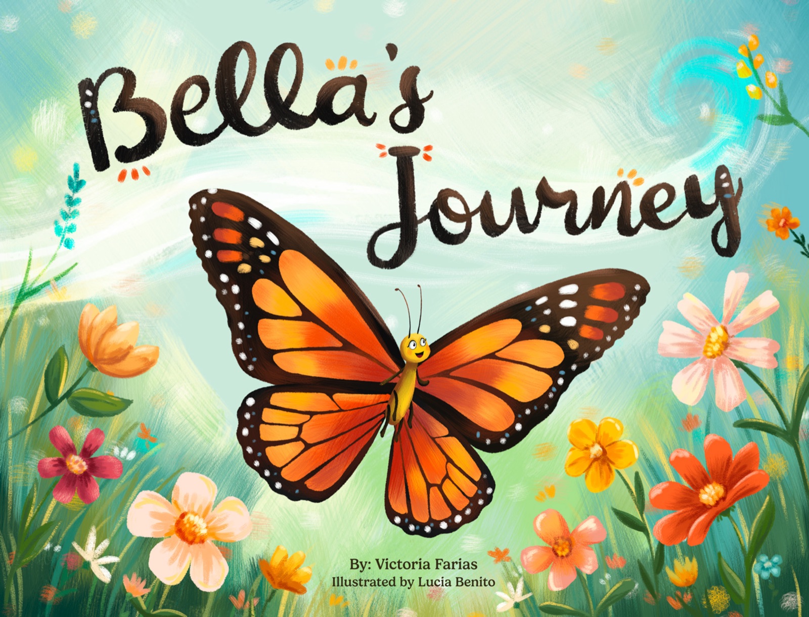 Cover of Bella's Journey, showing a smiling monarch butterfly among wildflowers